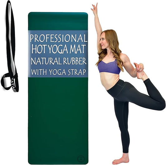 Tatago Hot Yoga Mat Non Slip-Professional Grade Natural Rubber Yoga Mat, Pliates Mat, Stretching Mat or exercise mats for home workout. Nonslip for Hot and Sweaty Classes. Includes Yoga Strap for Carrying and Stretching too.-FlexoryFit