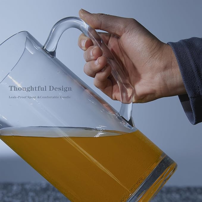 Clear Plastic Pitcher with Lid and Ergonomic Handle, 1.5L/50oz Durable Water Jug for Lemonade, Iced Tea, Sangria, Juice, Milk, Hot & Cold Beverages, Dishwasher Safe