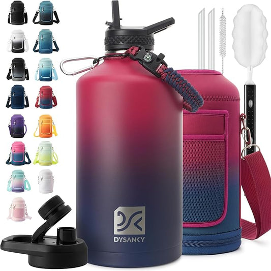 1 Gallon Water Bottle Insulated | Thickened Stainless Steel Vacuum Metal Water Jug | Portable Sports Large for Gym and Hiking with Straw, Carrier Bag, Handle Strap | BPA-Free 128 oz-FlexoryFit