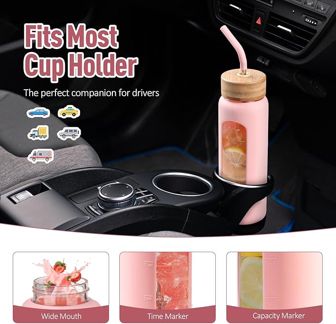 Kodrine Water Bottle with Straw, 24 oz Glass water Bottle with 2 Lids Bamboo Straw Lid and Spout Lid with Handle, 32 oz Clear Water Bottle Glass for Sports Travel, Waterbottle with Time Marker-FlexoryFit