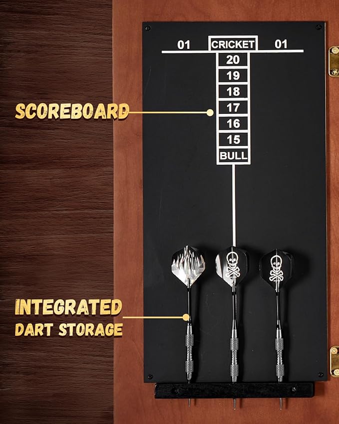 Sisal Dart Board Cabinet Sets, Decorative Dart Boards for Adults [6*Steel Darts] - Wooden Dartboard Cabinet with Integrated Scoreboard for Family Game Rooms