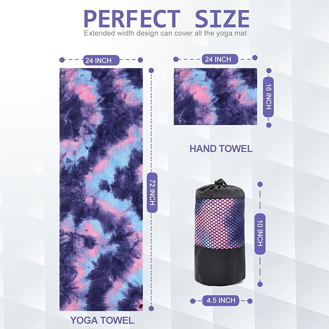 Eunzel 2 Pack Yoga Towel,Hot Yoga Mat Towel with Grip Dots Sweat Absorbent Non-Slip for Hot Yoga, Pilates and Workout 24" x72，Purple & Blue/Green & Purple (2 Pack)-FlexoryFit