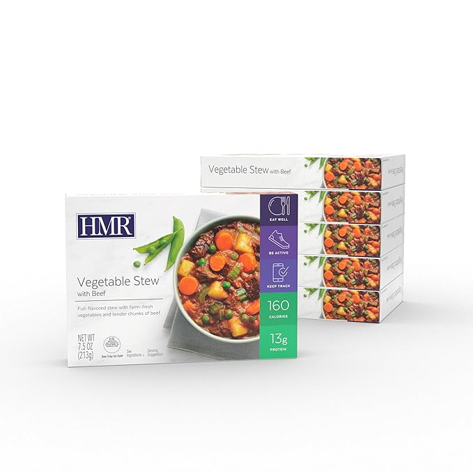 HMR Vegetable Stew with Beef Entrée | Pre-packaged Lunch or Dinner to Support Weight Loss | Ready to Eat | 13g of Protein | Low Calorie Food | 8oz Serving per Meal | Pack of 6-FlexoryFit