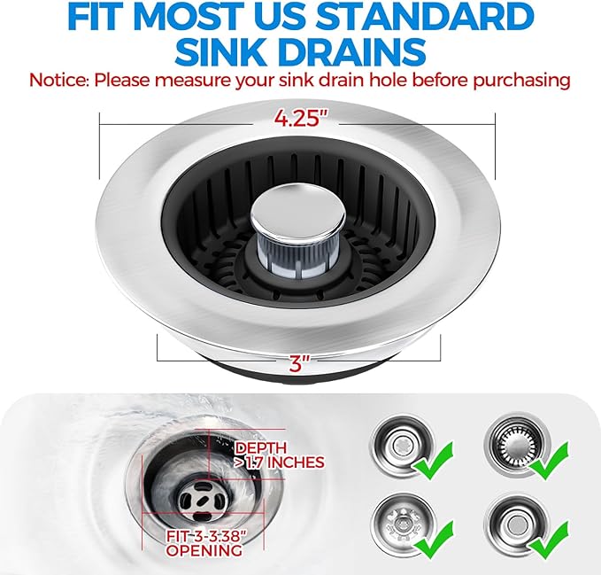 Upgraded 3in1 Kitchen Sink Drain Strainer and Sink Stopper, Stainless Steel Kitchen Drain Plug & Cover with Anti-Clogging Basket Strainer, Fit US Standard 3-1/2'' Sink Drain Hole, Brushed Black