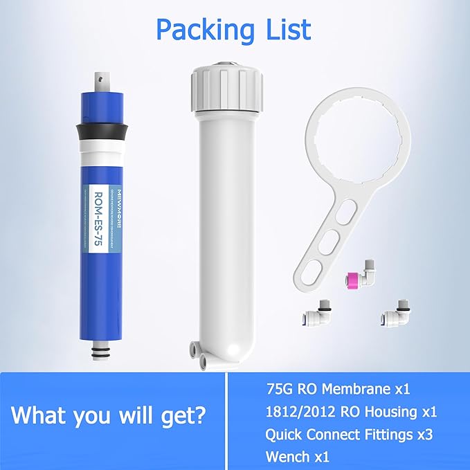75 GPD RO Membrane Filter with Housing, Replacement Reverse Osmosis Membrane Fit Home Under Sink RO Drinking Water Filter Purifier Filtration System with Wrench, 1/4" Fitting, Check Valve