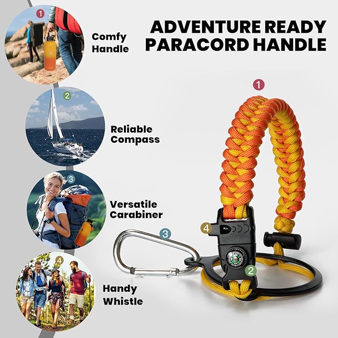 Insulated Water Bottle 87 oz, Triple Wall Vacuum Stainless Steel (Cold for 48 Hrs), Leak Proof & Non-BPA, Modern Water Flask Jug with Paracord Handle & Straw Spout Lids, Ombre Orange-FlexoryFit