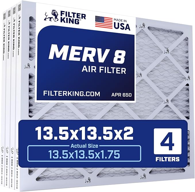 Filter King 13.5x13.5x2 Air Filter | 4-PACK | MERV 8 HVAC Pleated A/C Furnace Filters | MADE IN USA | Actual Size: 13.5 x 13.5 x 1.75"