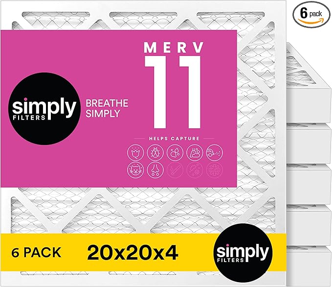 Simply 20x20x4 Air Filter, MERV 11, MPR 1000, 6 Pack, Furnace Air Filter for HVAC (Actual Size:19.5"x19.5"x3.63") DUST, Pet, & Allergy Control