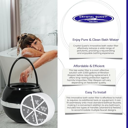Crystal Quest Bath Ball & Replacement Filter Cartridge Bundle - Water Filter System-Reduce Contaminants for Softer &Smoother Skin-Effortless & Quick Installation| Bundle and Save (Black)