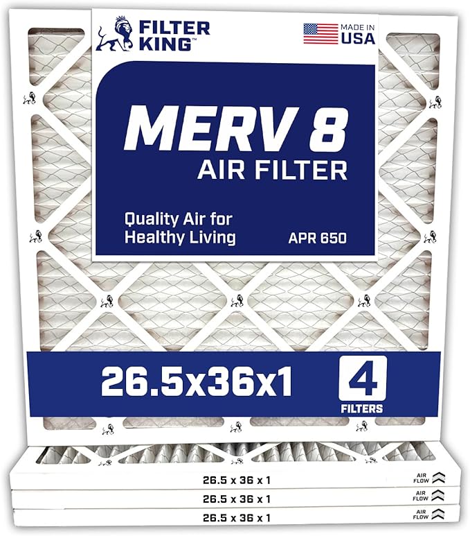 Filter King 26.5x36x1 Air Filter | 4-PACK | MERV 8 HVAC Pleated A/C Furnace Filters | MADE IN USA | Actual Size: 26.5 x 36 x .75"