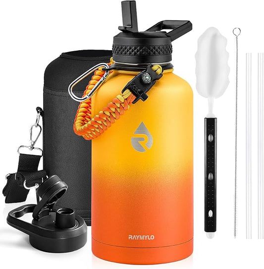 Insulated Water Bottle 64 oz, Triple Wall Vacuum Stainless Steel (Cold for 48 Hrs), Leak Proof & Non-BPA, Half Gallon Water Flask Jug with Paracord Handle & Straw Spout Lids, Ombre Orange-FlexoryFit