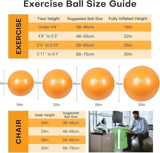 Yoga Ball, 22-30 Inch Extra Thick Exercise Ball for Workout Fitness Balance, Anti Burst Chair for Home and Office Desk, Includes Hand Pump & Workout Guide Access-FlexoryFit