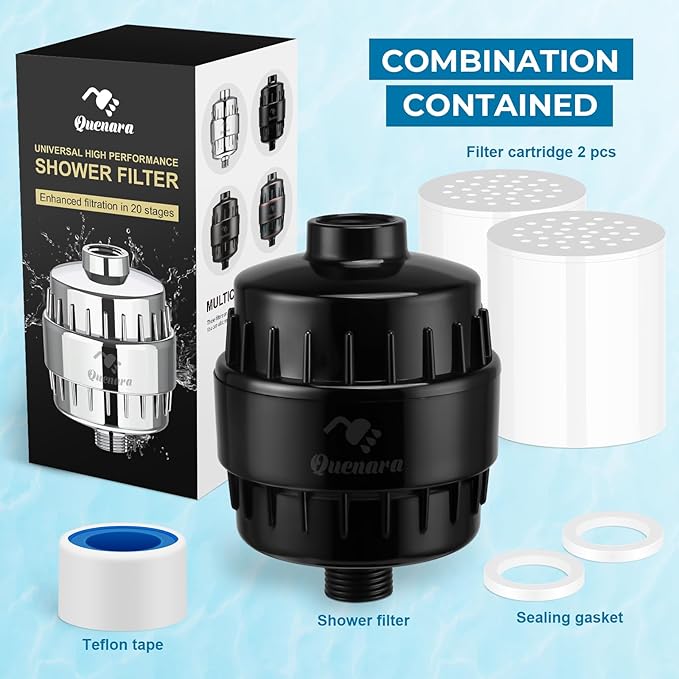 20-Stage Shower Filter, High Output Shower Head Filter for Hard Water with 2 Cartridges, Water Softener Reduces Dry Skin, Dandruff, Eczema and Improves Skin, Hair and Nails, Black