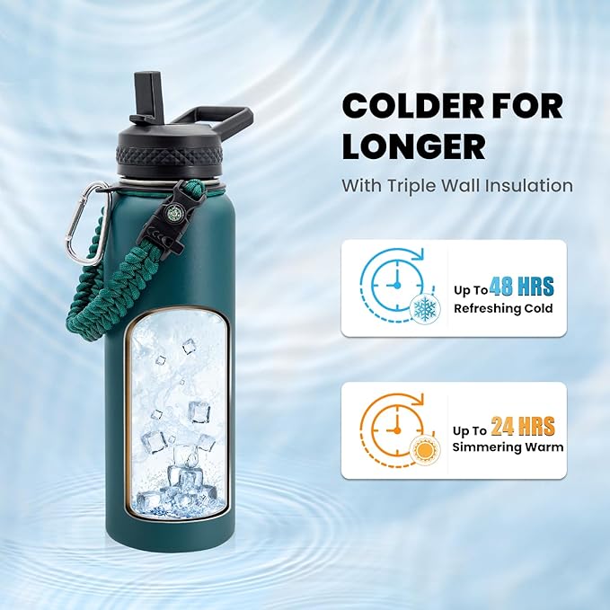 Insulated Water Bottle 40 oz, Triple Wall Vacuum Stainless Steel (Cold for 48 Hrs), Leak Proof & Non-BPA, Modern Water Flask Jug with Paracord Handle & Straw Spout Lids, Dark Green-FlexoryFit