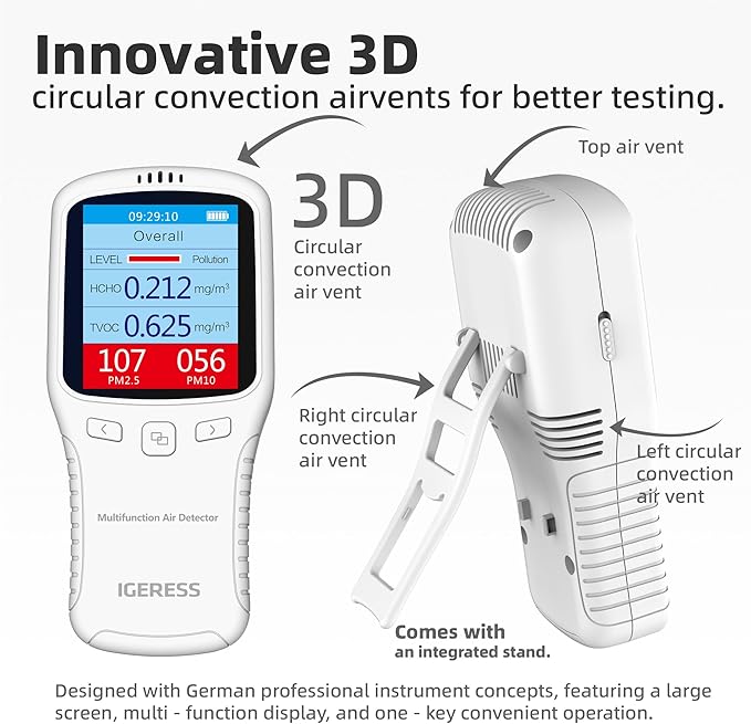 Air Quality Monitor Indoor, 5 in 1 Formaldehyde Detector, voc Meter, Detect Indoor HCHO,TVOC,AQI,PM2.5,PM10. Colorful LCD Screen & USB Charging
