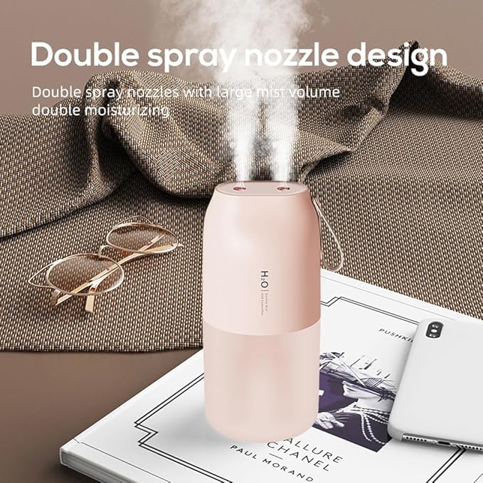 Dual Nozzle Portable Humidifier 300ml with Dual Spray Modes and Night Light for Bedroom and Car