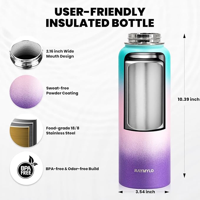 Insulated Water Bottle 40 oz, Triple Wall Vacuum Stainless Steel (Cold for 48 Hrs), Leak Proof & BPA-Free, Modern Water Flask Jug with Paracord Handle & Straw Spout Lids, Hydrangea-FlexoryFit