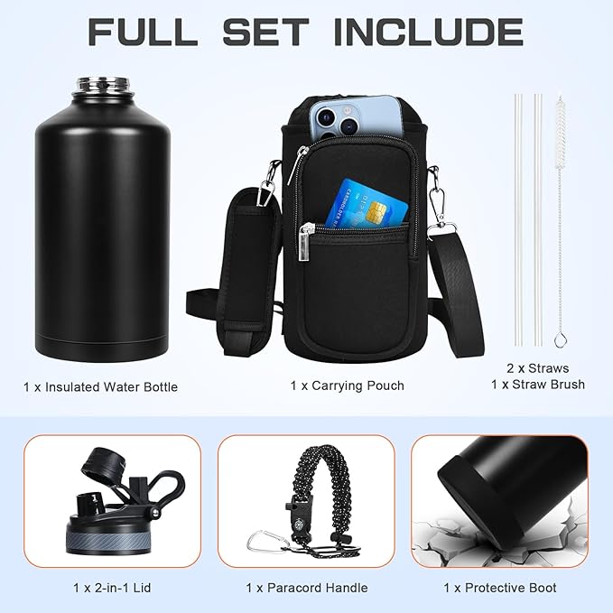 1 Gallon Water Bottle Insulated, Leak Proof 128 oz Stainless Steel Water Jug with Straw/Spout 2-in-1 Lid, Sleeve, Paracord Handle, Silicone Boot, One Gal Metal Canteen for Gym Sports Camping-FlexoryFit
