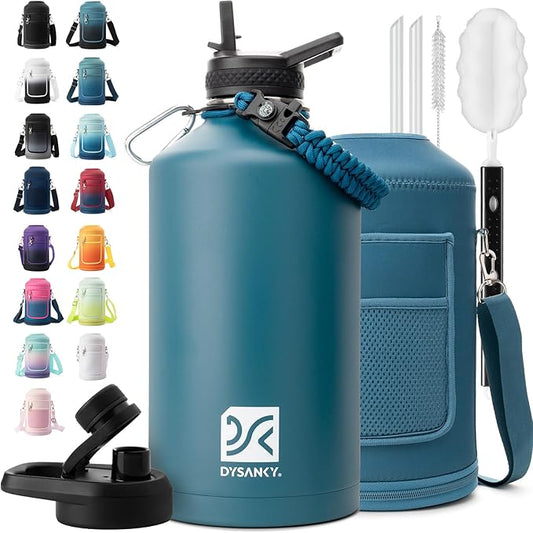1 Gallon Water Bottle Insulated | Thickened Stainless Steel Vacuum Metal Water Jug | Portable Sports Large for Gym and Hiking with Straw, Carrier Bag, Handle Strap | BPA-Free 128 oz-FlexoryFit