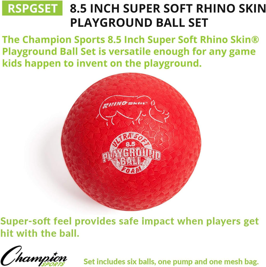 Champion Sports Super Soft Playground Ball Set – Rhino Skin® Foam Inflatable Balls for Indoor & Outdoor Play Durable, Lightweight & Safe for All Ages, Set of 6 with Pump & Mesh Bag