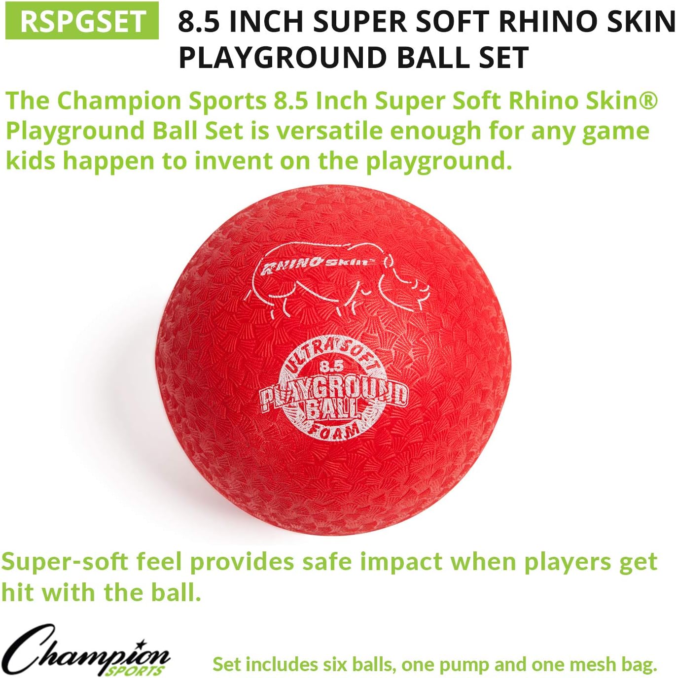 Champion Sports Super Soft Playground Ball Set – Rhino Skin® Foam Inflatable Balls for Indoor & Outdoor Play Durable, Lightweight & Safe for All Ages, Set of 6 with Pump & Mesh Bag