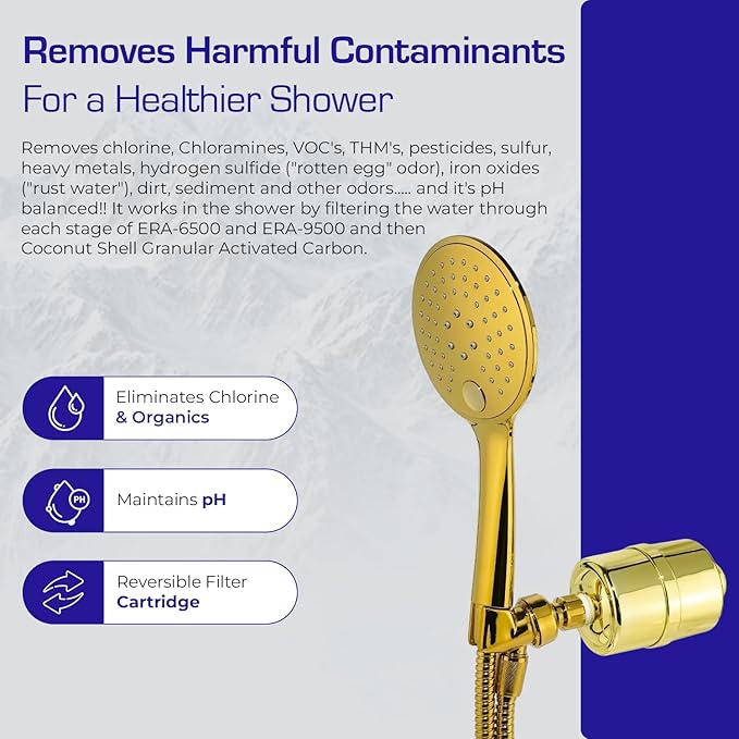 Crystal Quest Luxury Handheld Shower Power Filtration System - Gold - BPA Free | 1.25-2.5 GPM | Reversible Cartridge | Great for Dechlorination