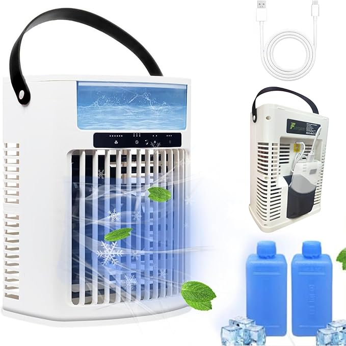Portable Air Conditioner, Air Cooler, 1000ml Cold Fan Air Conditioner, 5 Air Speeds and 7 LED Lights, 2 Ice Packs, 3 Cold Mist and 2/4/6 Timer, USB Cold Fan for Home, Office and Outdoors.