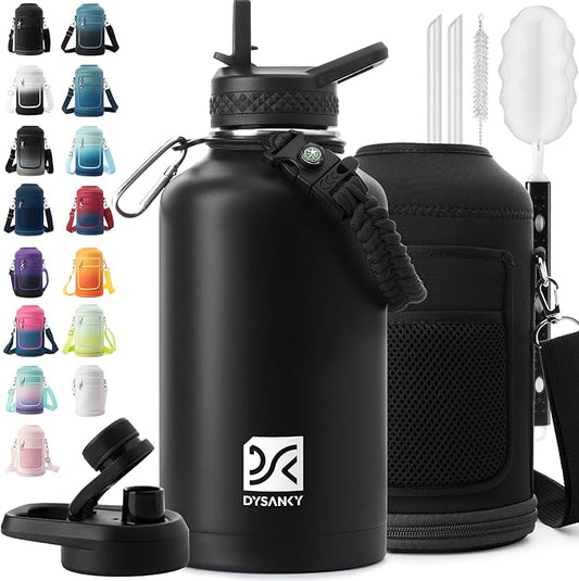 Insulated Water Bottle | Thickened Stainless Steel Vacuum Metal | Portable Sports Half Gallon Large Water Jug for Gym and Hiking with Straw, Carrier Bag, Handle Strap | BPA-Free 64 oz-FlexoryFit
