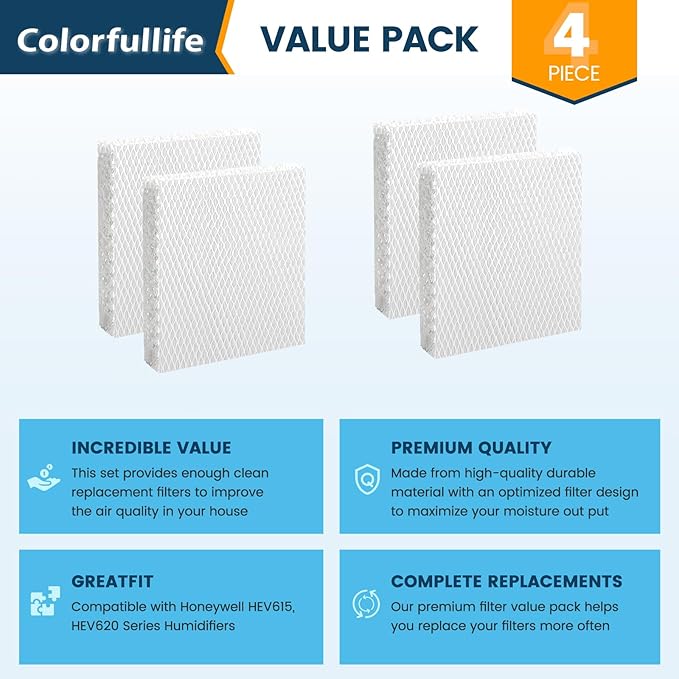 Colorffullife 4 Pack Humidifier Filter T for Honeywell Top Fill Tower Humidifier HEV615, HEV620, Replacement HFT600 Filter T