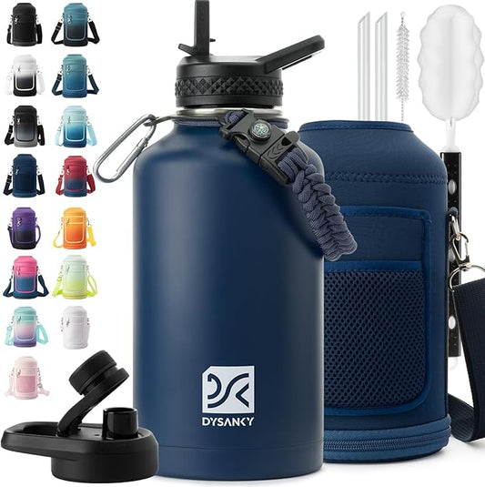 Insulated Water Bottle | Thickened Stainless Steel Vacuum Metal | Portable Sports Half Gallon Large Water Jug for Gym and Hiking with Straw, Carrier Bag, Handle Strap | BPA-Free 64 oz-FlexoryFit