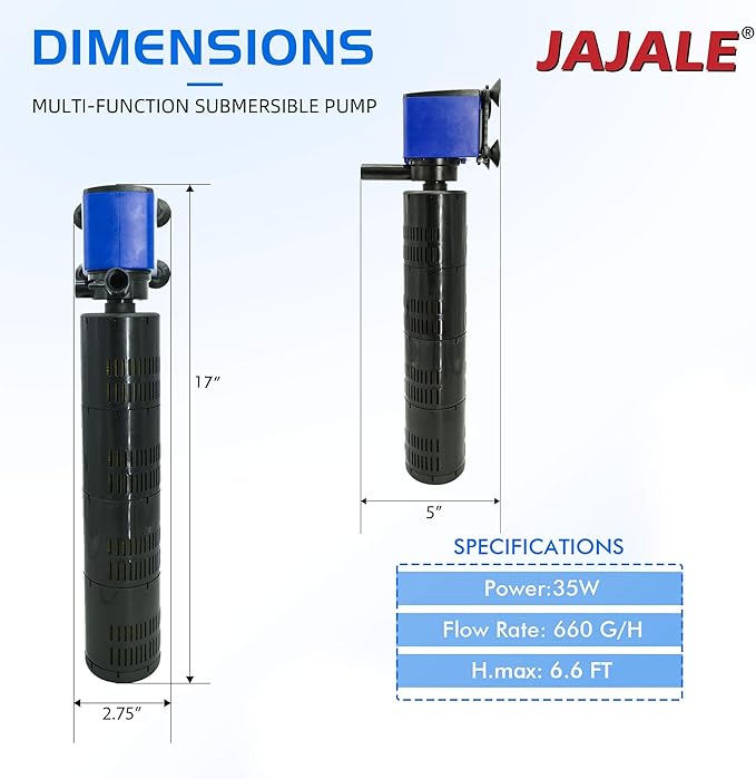 660 GPH Internal Filter Submersible Pump - 3 in 1 Aquarium Fish Tank Pump with Oxygenation, Filtration & Water Cycling, 6.6 ft max lift, 35W - 2 Pack
