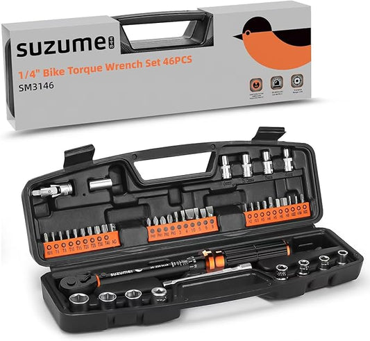 SUZUME 46PCS Bike Torque Wrench Set (20-220 in.lb/2.3-24.9 N.m) ±3% High Accuracy 72 Tooth Click Torque Wrench Set Reversible Head Dual-Scales 1/4 Torque Wrench For MTB Bicycle Maintenance