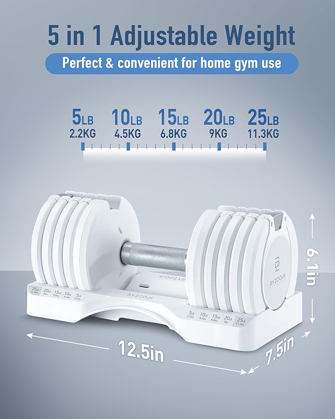 Adjustable Dumbbell – 12.5/25lb Single Unit OR Set of 2 – 5-in-1 Adjustable Weight for Home Gym, Strength Training & Fitness Workouts, White OR Black-FlexoryFit