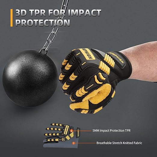 JUMPHIGH Work Gloves for Men, Heavy Ducty TPR Protector Impact Gloves, Anti Vibration, Abrasion Resistance, Flex Grip, Touch Screen (M)-FlexoryFit