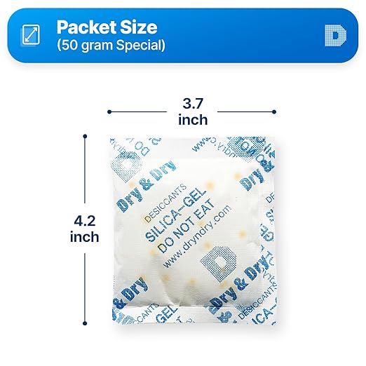 Dry & Dry 50 Gram [14 Packets] Orange Indicating Silica Gel Packets Desiccants - Food Safe Silica Packs, Silica Gel, Silica Packets, Desiccant Packs for Food Storage