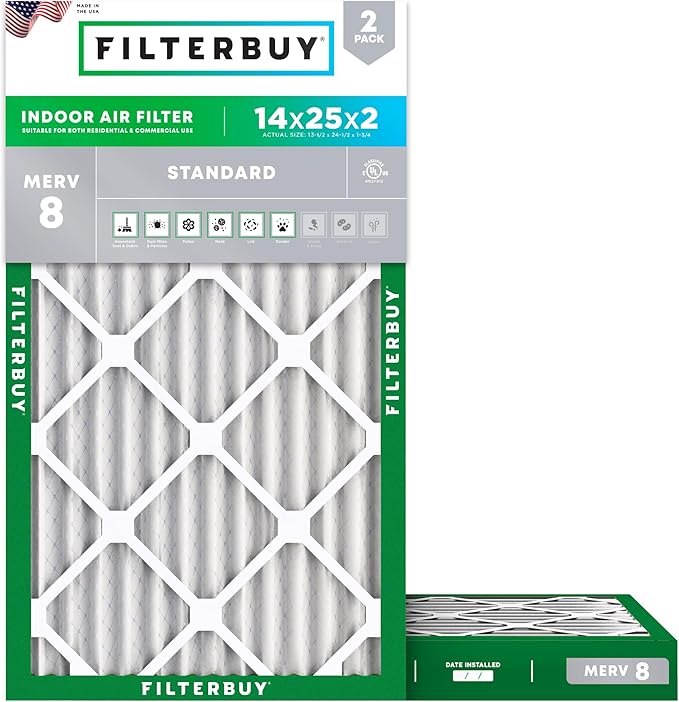 Filterbuy 14x25x2 Air Filter MERV 8 (MPR 700) Dust Defense Replacement (2-Pack), Electrostatic Pleated HVAC AC Furnace Filters, Made in USA (Actual Size: 13.50 x 24.50 x 1.75)