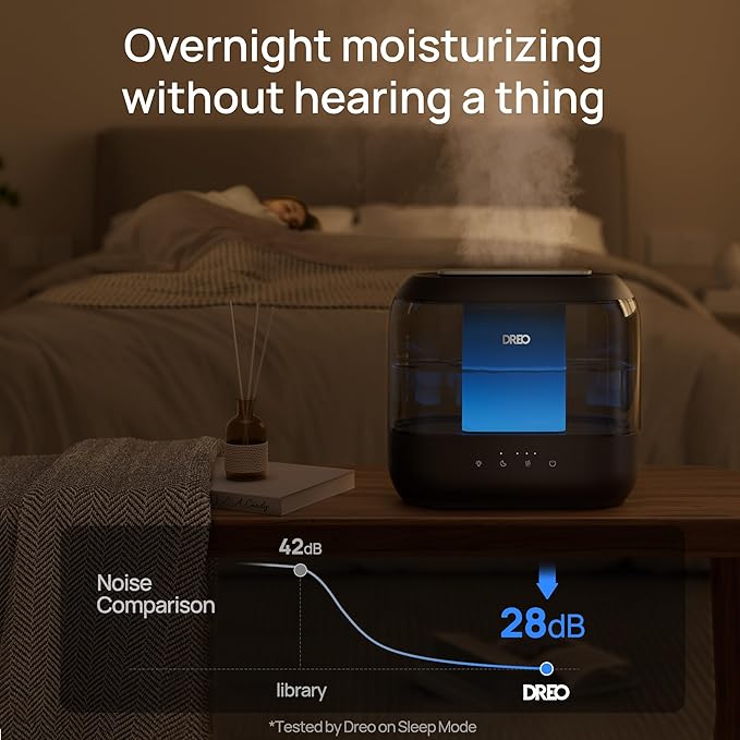 Dreo Top Fill 4L Humidifiers for Bedroom, 36H Runtime, 28 dB Quiet Cool Mist Supersized Air Humidifier for Large Room, Plants, Baby Nursery, Indoor, Night Light, Easy to Clean & Fill, Black