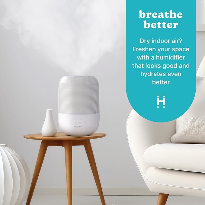 Homedics Ultrasonic Cool Mist Humidifier, Top-Fill 3L Water Tank, Covers 395 sq. ft, 35-Hour Runtime, 3 Mist Settings, Clean Tank Tech, Auto-Off, Night Light, Quiet