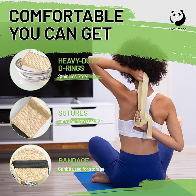Slim Panda Yoga Strap for Stretching,Cotton Yoga Strap with Adjustable D-Ring Buckle,Non-Elastic Yoga Belt for Pilates,Gym Workouts,Physical Therapy,Improve Flexibility-FlexoryFit
