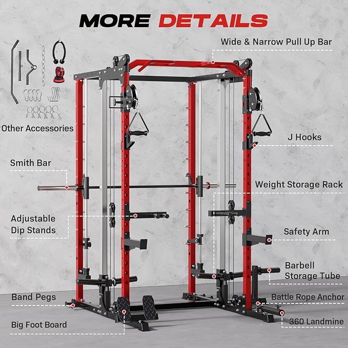 Smith Machine Home Gym, Multi-Function Power Cage with Dual Pulley Cable Crossover System, All-in-One Squat Rack with Smith Bar and Strength Training Attachments for Full-Body Workouts