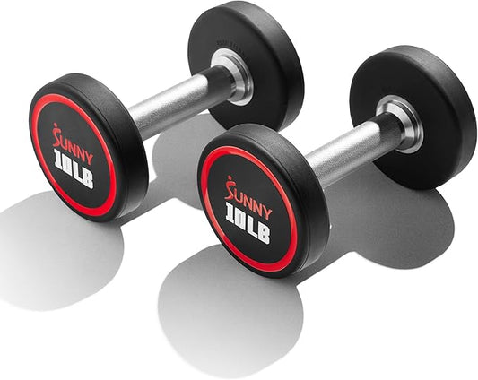 Sunny Health & Fitness Premium Polyurethane Commercial Grade Round Dumbbells with Diamond Knurled Handle, Durable Strength Training Equipment for Home Gym, 5-50LB-FlexoryFit