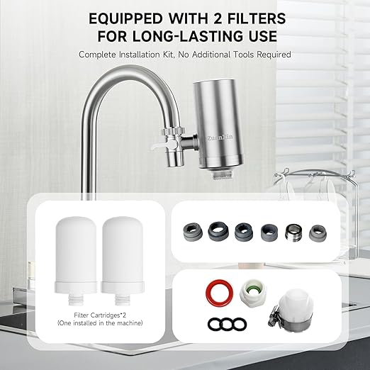 Stainless Steel Water Filter for Sink Faucet, Water Purifier for Kitchen Sink, Reduces PFAS, Lead, Chlorine & Microplastics, 350 Gallons Long-Lasting for Kitchen & Bathroom, 2 Filters
