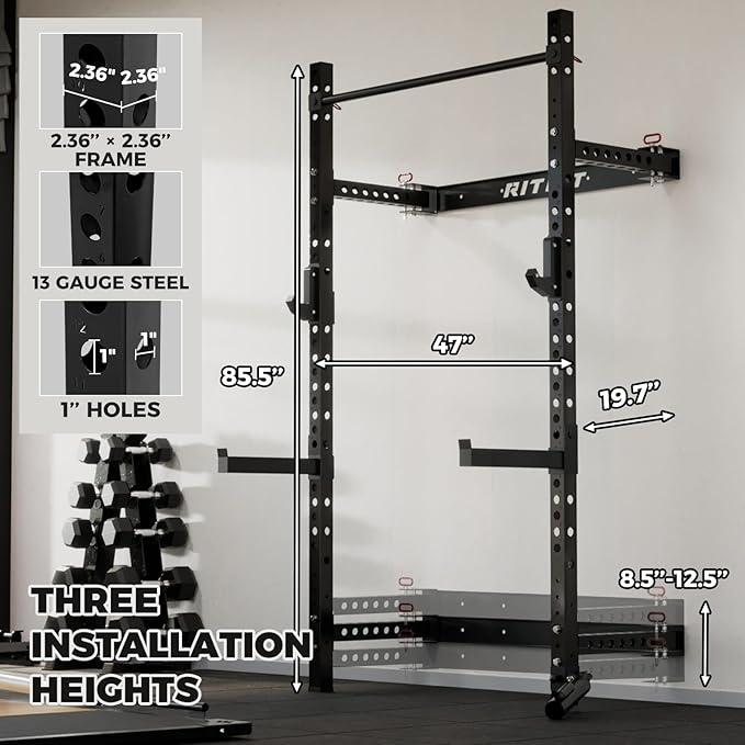 RitFit Multi-Functional Folding Squat Rack for Home Gym, 2.36'' x 2.36'' Wall Mounted Squat Rack with Attachments - Space Saving Squat Power Rack-FlexoryFit