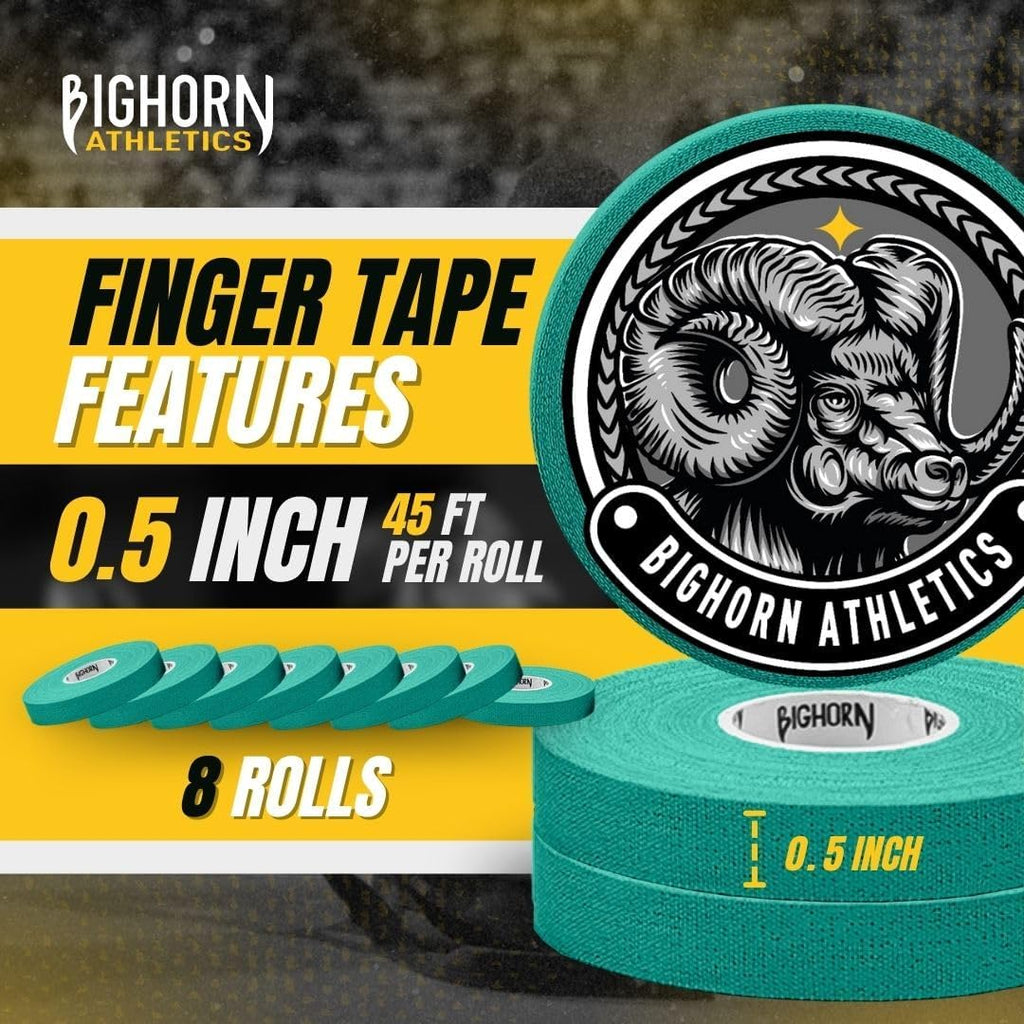 Bighorn Athletics Jiu Jitsu Finger Tape, Rock Climbing Tape | Multipurpose for Sports & Injuries: MMA, Volleyball, Football, Basketball, Tennis, Golf, Hands & Toes, 0.5-Inch x 45-feet, 8-Rolls, Green