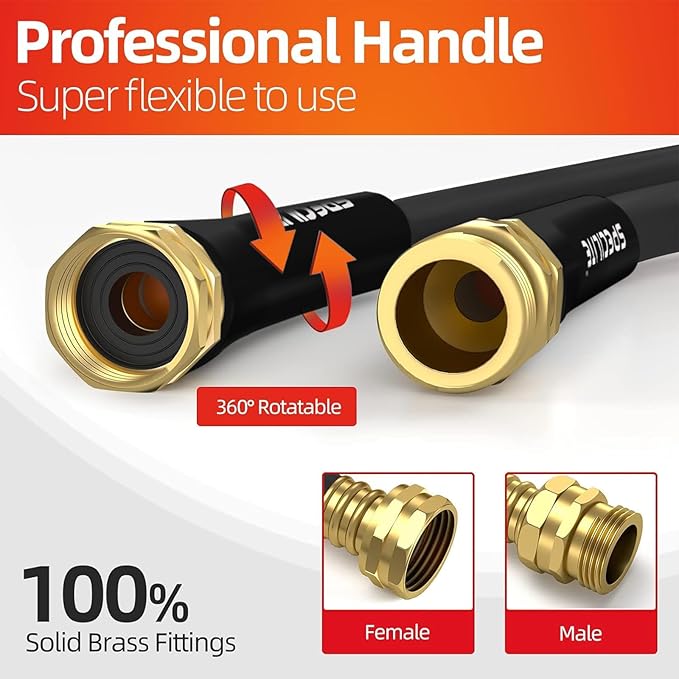 Garden Water Hose 50 ft x 5/8 in Heavy Duty, Flexible and Lightweight, Burst 600 psi, Kink-less Hybrid Rubber Pipe for Backyard, 3/4'' Brass Fittings, Black