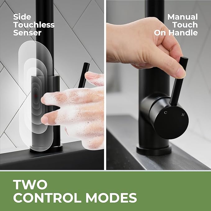 Touchless Kitchen Sink Faucet, VFAUOSIT Black Kitchen Faucet with Pull Down Sprayer Stainless Steel Motion Sensor Smart Hands-Free, Matte Black Single Hole Faucet for Bar Laundry RV Utility Sink