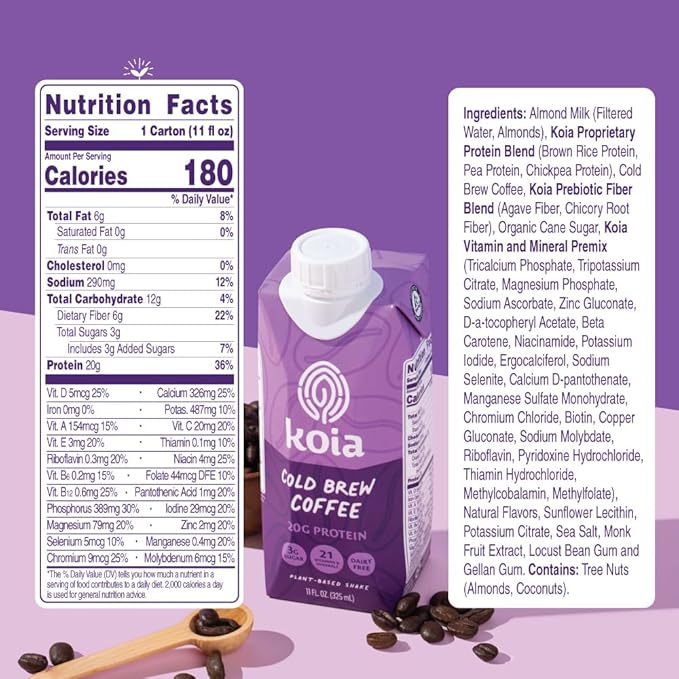 Koia Plant Based Protein Shake, Cold Brew Coffee, 20g Protein, 3g Sugar, 6g Prebiotic Fiber, 21 Vitamins & Minerals, Meal Replacement Drinks, Dairy-Free, Gluten-Free, Non-GMO, 11 Fl Oz (Pack of 12)-FlexoryFit