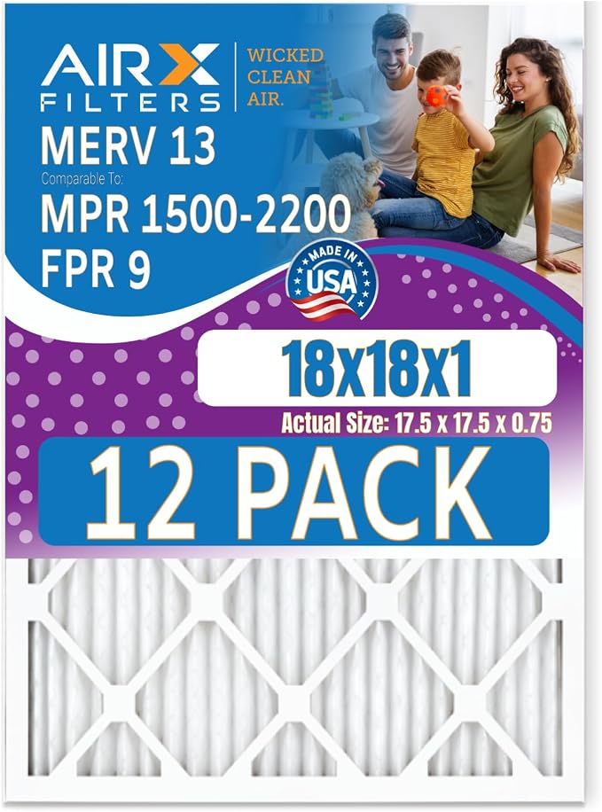 18x18x1 Air Filter MERV 13 Rating, 12 Pack of Furnace Filters Comparable to MPR by AIRXFILTERSWICKEDCLEANAIR