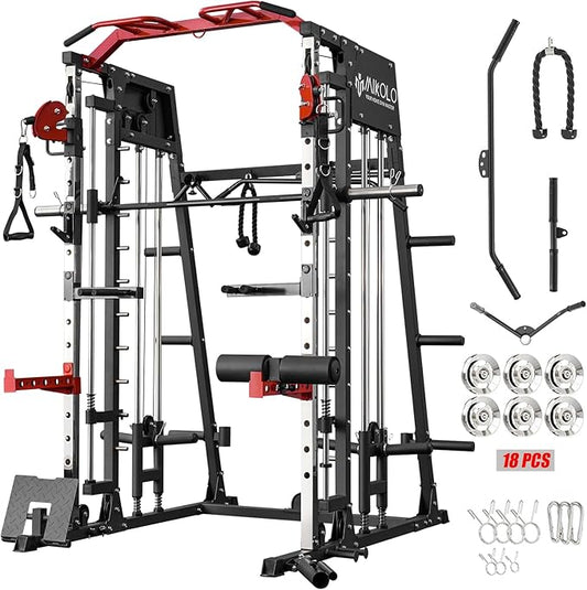 Mikolo Smith Machine, 2200lbs Squat Rack with LAT-Pull Down System & Cable Crossover Machine, Training Equipment with Leg Hold-Down Attachment-FlexoryFit