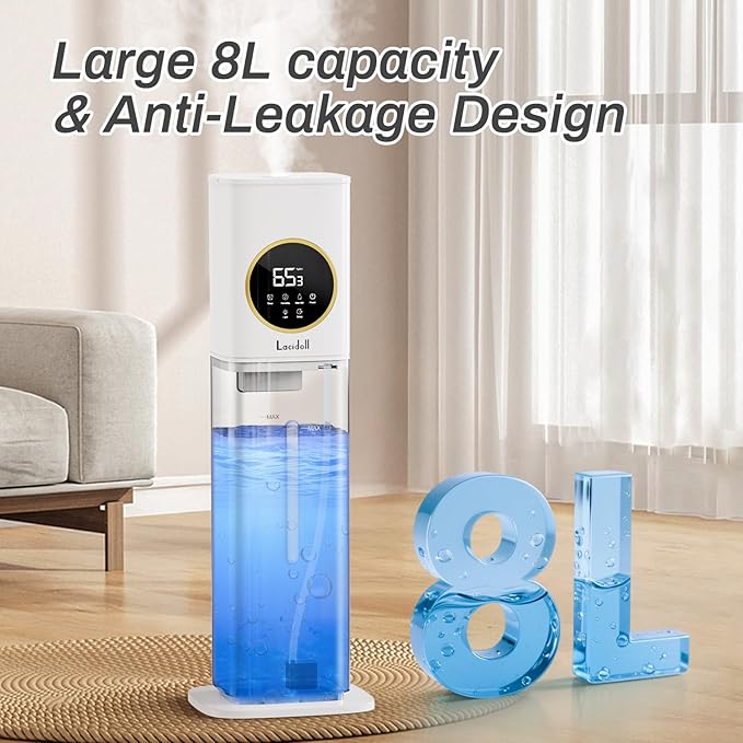 Humidifier Large Room, 2.1Gal/8L Humidifiers for Bedroom Home with Essential Oil Diffuser, Top Fill Whole House Cool Mist Humidifiers for Plants Baby Kids Adults Office, White